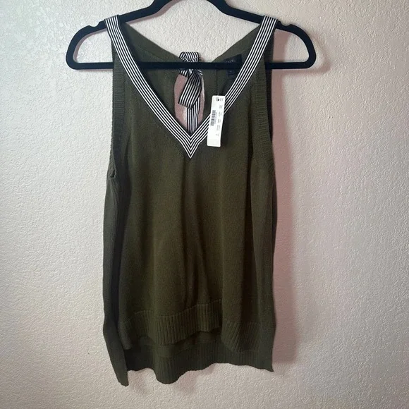 J. Crew Women's Olive Green Cotton Knit V-Neck Tank Top with Back Tie Detail - Picture 2 of 6